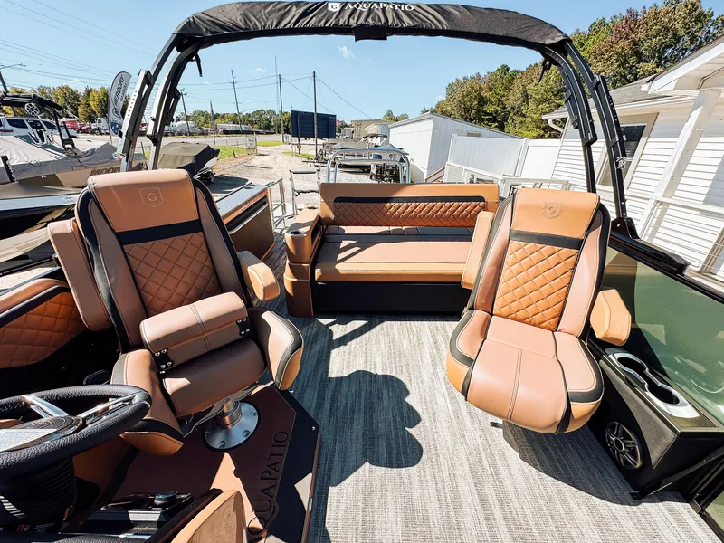 Slide: The Image of 2025 Godfrey AquaPatio 23' Flip Lounge Tritoon with luxurious seating and modern design. - 10