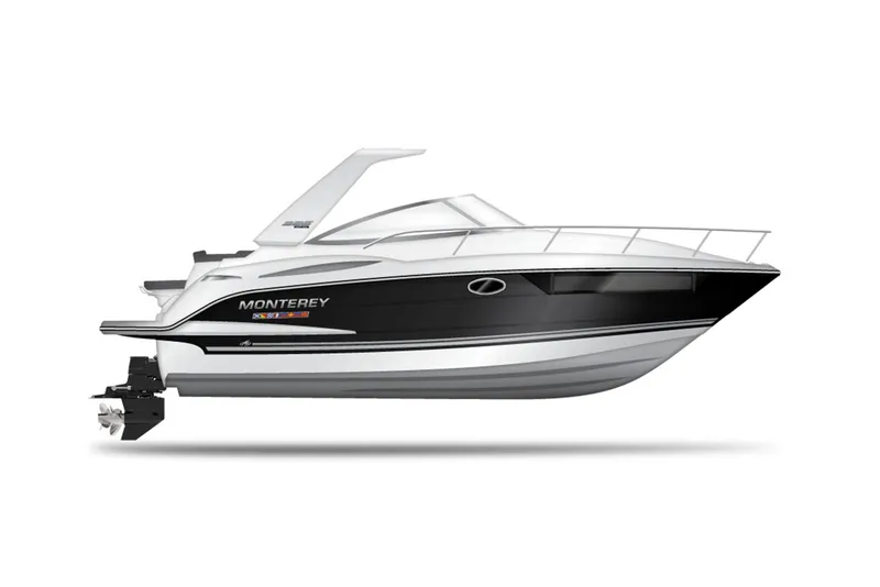 Slide: The Image of Manufacturer Provided Image: 2022 Monterey 295SS Super Sport boat, sleek black and white design, side view. - 5