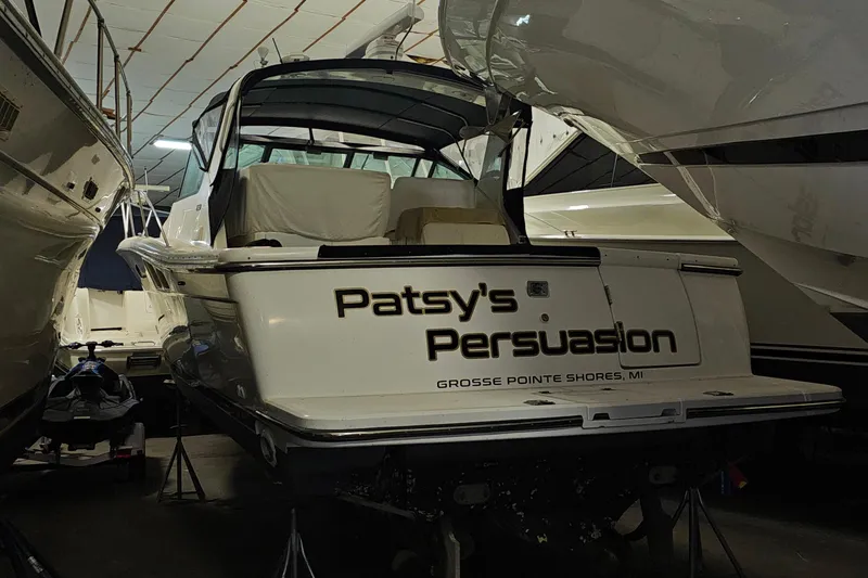 Slide: The Image of 2000 Tiara Yachts 3500 Open named "Patsy's Persuasion" in storage, Grosse Pointe Shores, MI. - 2