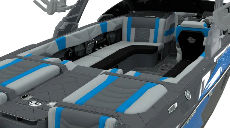 Slide: The Image of Interior of 2024 Malibu Wakesetter 23 LSV with blue and gray seating. - 4