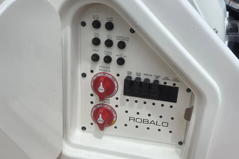 Slide: The Image of 2023 Robalo R317 Dual Console helm with advanced controls and navigation display. - 28