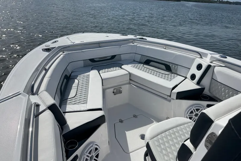 Slide: The Image of Luxurious seating on the 2025 Blackfin 252 CC boat, featuring elegant design and waterfront views. - 26