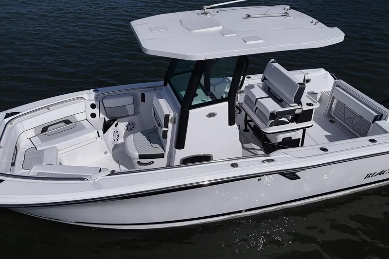 Slide: The Image of 2025 Blackfin 252 CC boat on water, featuring sleek design and spacious seating. - 6