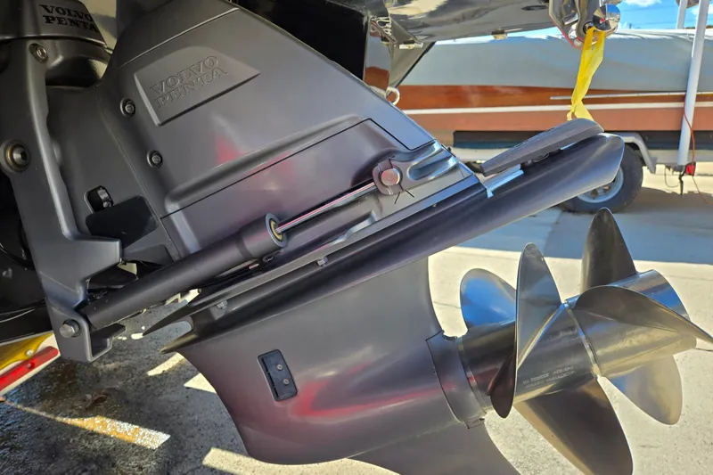 Slide: The Image of Close-up of a 2016 Cobalt R3 boat's Volvo Penta outdrive and propeller. - 10
