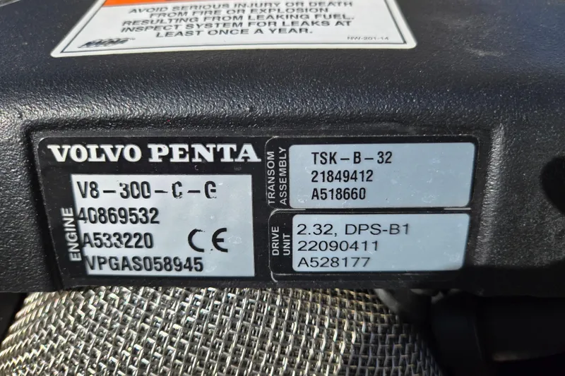Slide: The Image of Volvo Penta engine label on a 2016 Cobalt R3 boat, displaying model and serial numbers. - 60