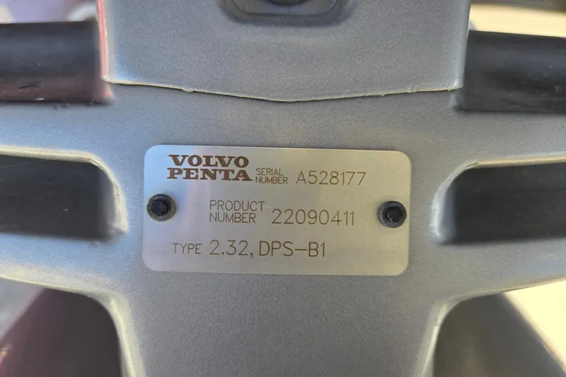 Slide: The Image of Volvo Penta engine plate with serial and product numbers on a 2016 Cobalt R3. - 9