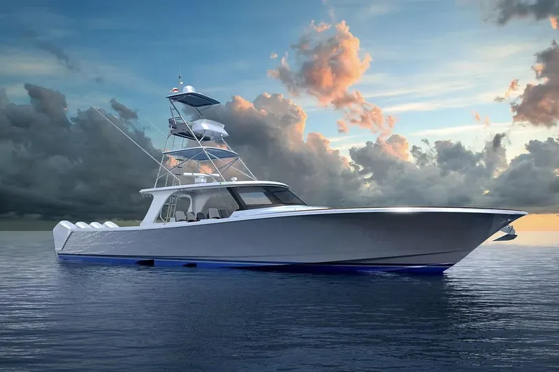 The Image of Manufacturer Provided Image: 2026 Ocean Yachts 52 Open cruising on calm waters at sunset. - 0