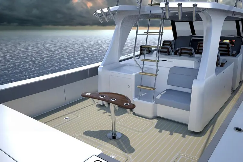 Slide: The Image of Manufacturer Provided Image: 2026 Ocean Yachts 52 Open luxury yacht deck with seating and ladder, overlooking the ocean. - 4