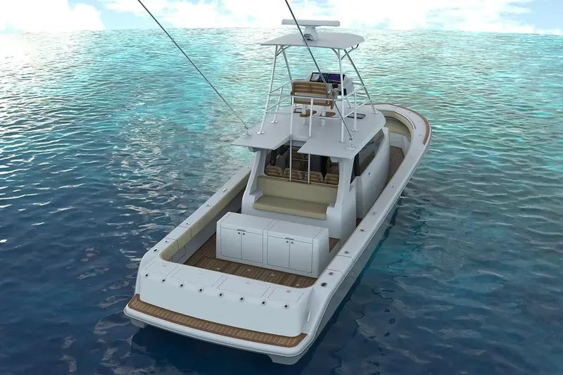 Slide: The Image of Manufacturer Provided Image: 2026 Ocean Yachts 48 CC cruising on clear blue water, showcasing sleek design and spacious deck. - 4