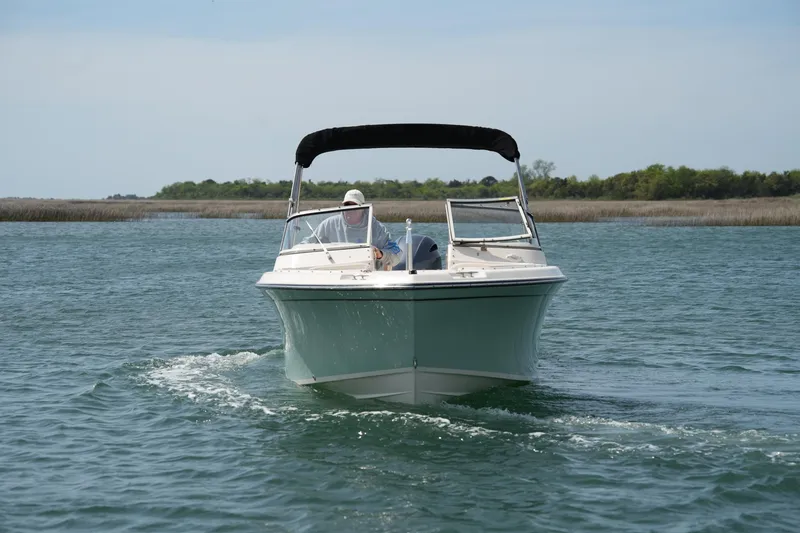 Slide: The Image of 2017 Grady-White Freedom 205 boat cruising on calm water with scenic background. - 2