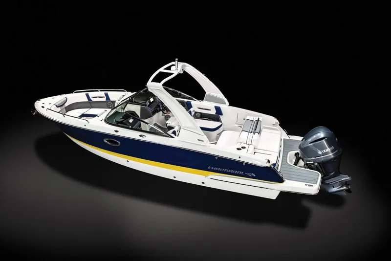 Slide: The Image of Manufacturer Provided Image: 2022 Chaparral 267 SSX OB boat with Yamaha outboard motor, blue and white design. - 26
