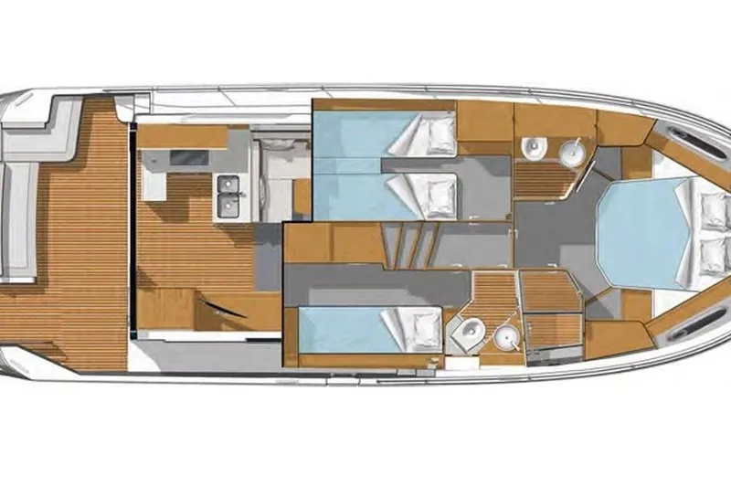Slide: The Image of 2024 Beneteau Swift Trawler 41 Sedan interior layout with bedrooms, bathrooms, and kitchen area. - 60