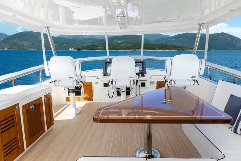 Slide: The Image of Flybridge of 2027 Hunt Yachts 63, featuring helm chairs and ocean view. - 3