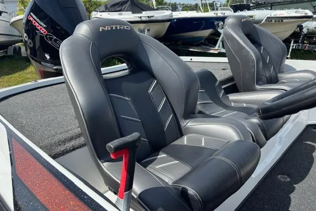 Slide: The Image of 2019 Nitro Z19 boat seats with sleek black and gray design, featuring ergonomic support. - 15