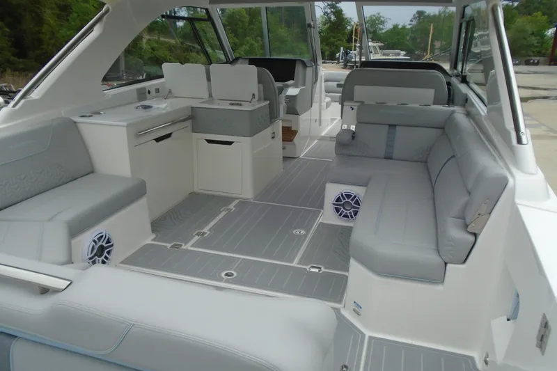 Slide: The Image of Luxurious interior of 2026 Regal LX36 boat with sleek seating and modern design. - 14