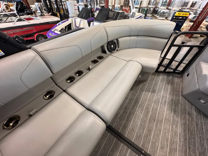 Slide: The Image of Interior of 2021 Montara Surf Boss 2.0 boat with gray leather seating. - 11