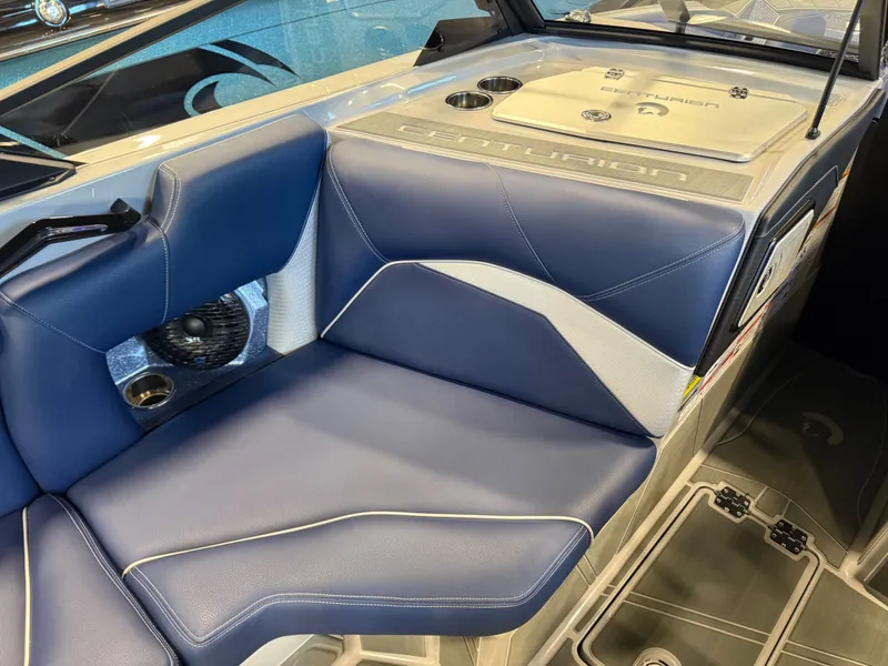 Slide: The Image of Interior of Centurion Fe23 boat, luxurious blue upholstery, model year 2026. - 14