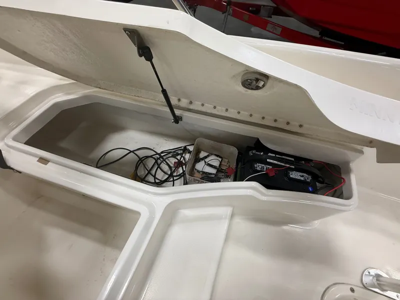 Slide: The Image of Battery compartment of a 2018 Bayliner Element F21 boat with cables. - 11