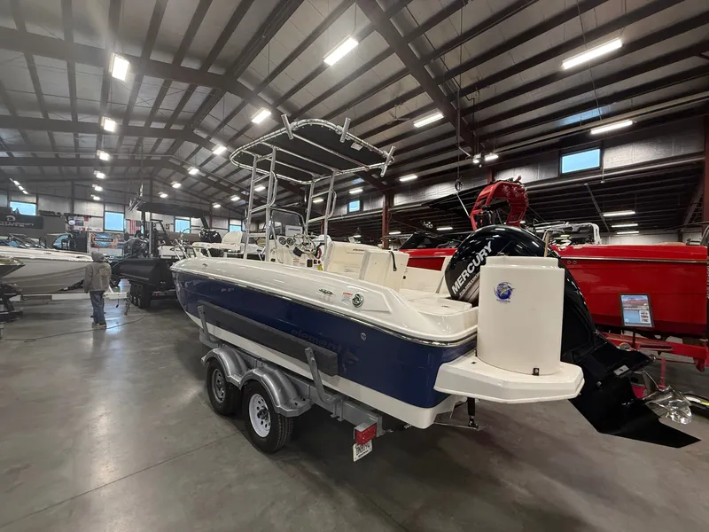 Slide: The Image of 2018 Bayliner Element F21 boat in a showroom. - 4