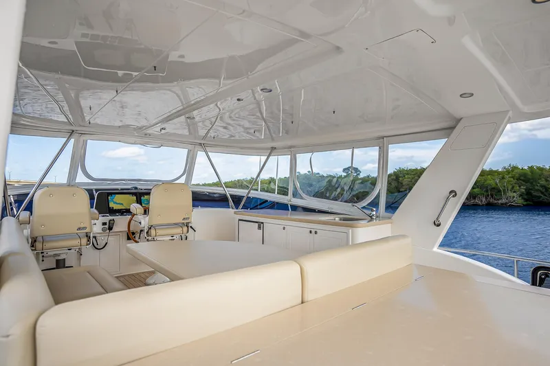Slide: The Image of 2023 Grand Banks GB54 yacht interior with helm, seating, and panoramic windows. - 26