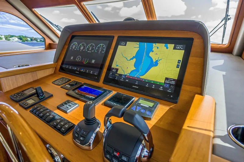 Slide: The Image of 2023 Grand Banks GB54 helm with advanced navigation and control systems. - 54