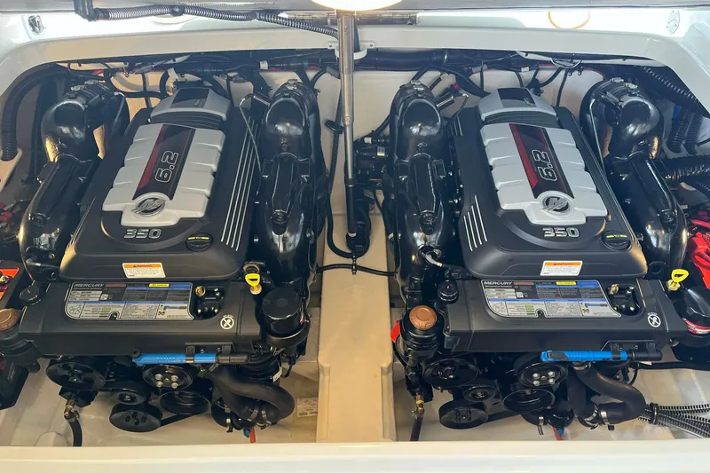 Slide: The Image of Twin Mercury 6.2L 350 engines in a 2026 Formula 310 Bowrider I/O boat. - 29