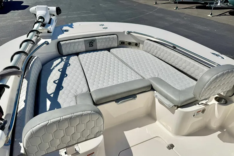 Slide: The Image of 2024 Carolina Skiff 26 Ultra Elite boat with luxurious seating and modern design. - 10