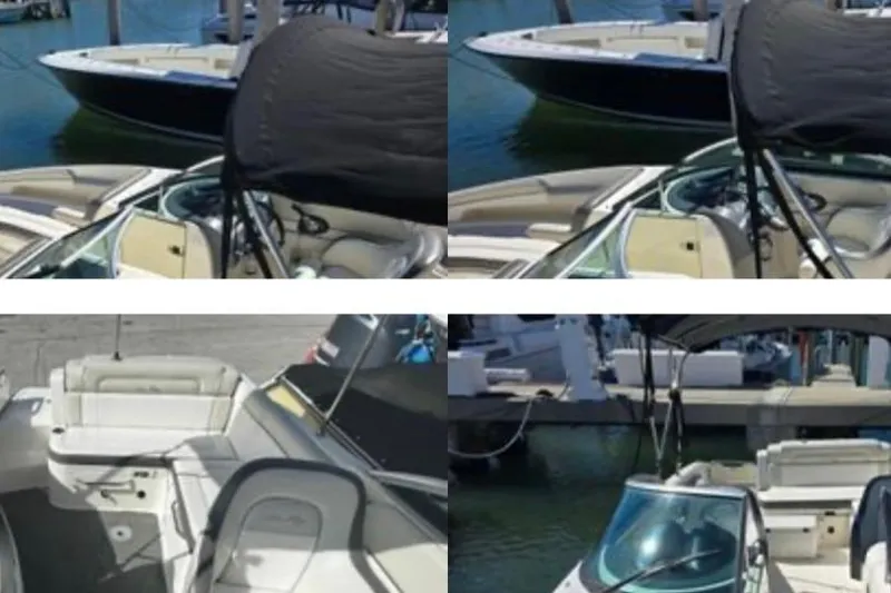 Slide: The Image of 2012 Sea Ray 260 Sundeck boat docked, featuring spacious seating and sleek design. - 4