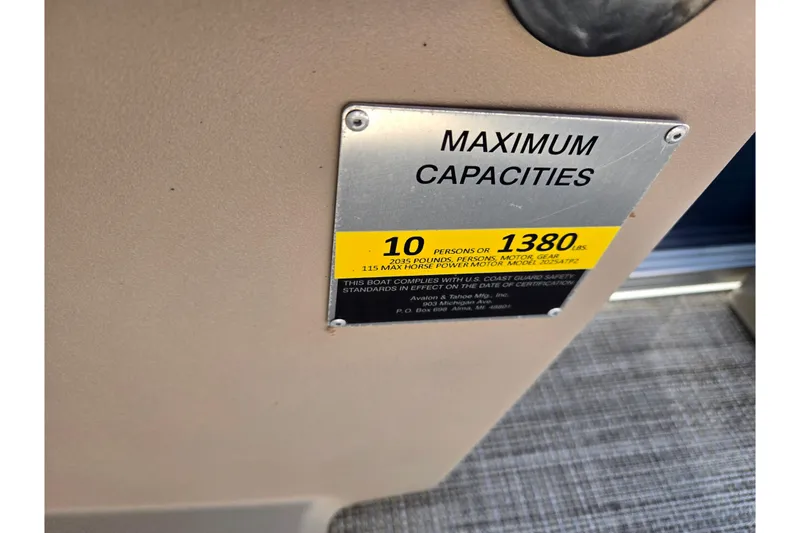 Slide: The Image of Capacity plate on 2020 Avalon Venture Cruise Bow Fish boat, showing maximum capacity details. - 15