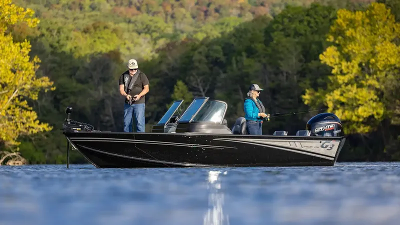 Slide: The Image of Two people fishing on a 2026 G3 Angler V 178 F boat. - 3