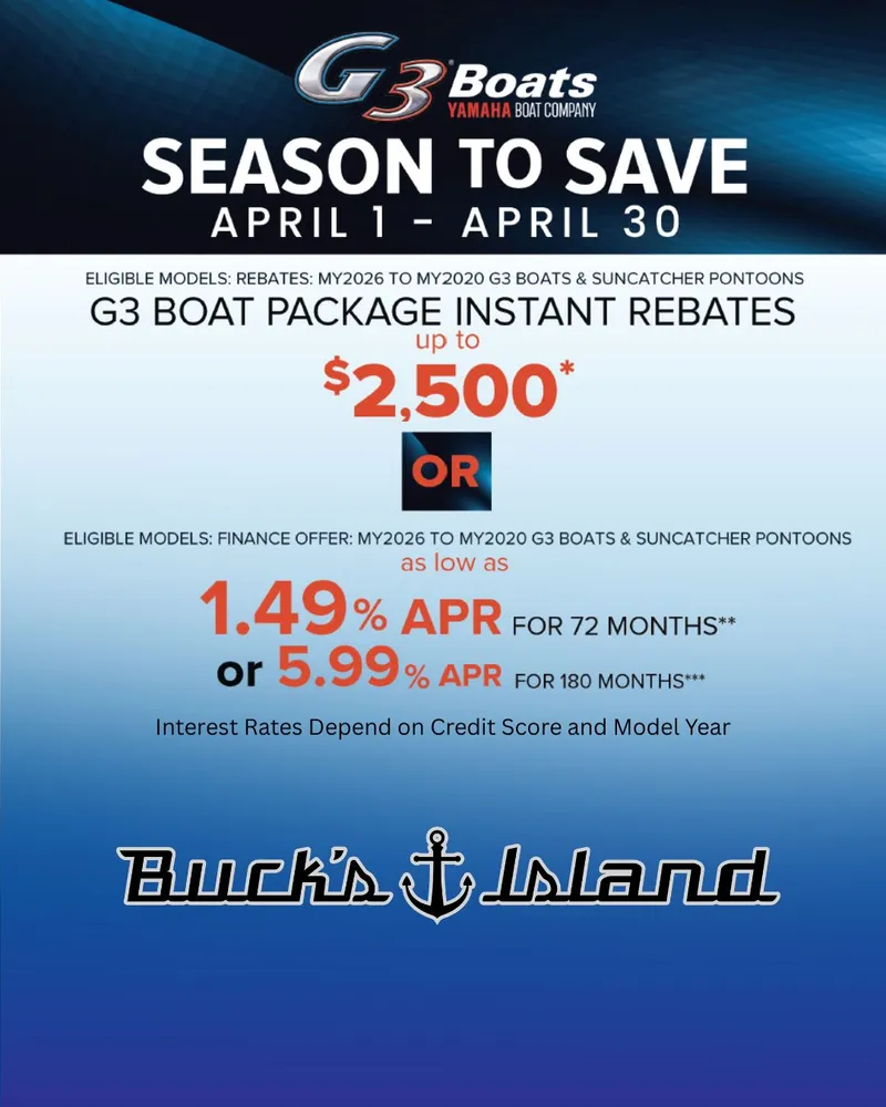 Slide: The Image of G3 Boats April 2026 promotion with up to $2,500 rebate. - 3