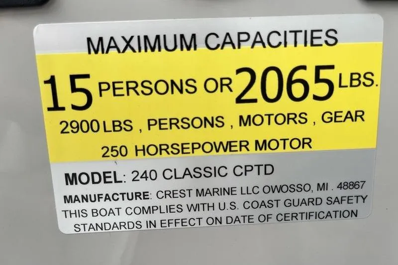 Slide: The Image of 2024 Crest Classic Platinum 240 SLC capacity label: 15 persons, 2065 lbs, 250 horsepower. - 19