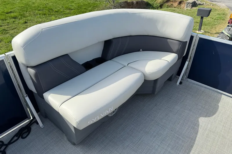 Slide: The Image of 2023 Sylvan Mirage 820 Cruise boat with comfortable seating on deck. - 9