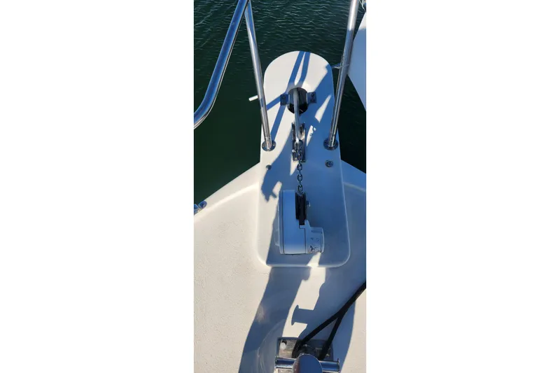 Slide: The Image of Bow of 2001 Eastern 31 Casco Bay boat with anchor chain and railing. - 15