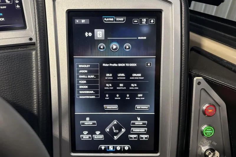 Slide: The Image of Touchscreen control panel in a 2023 Supra SE 550 boat, displaying rider profiles and settings. - 15