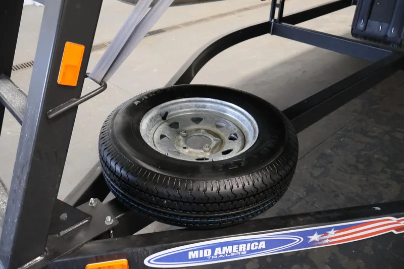 Slide: The Image of 2019 Bentley Pontoons 200 CRUISE trailer with spare tire and Mid America Trailers branding. - 38