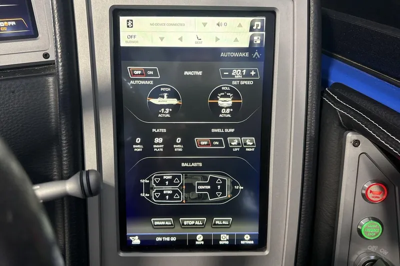 Slide: The Image of Touchscreen control panel in a 2019 Supra SA 550 boat, displaying Autowake and ballast settings. - 15