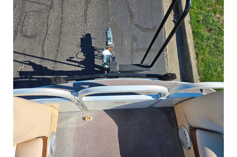 Slide: The Image of 2016 Sun Tracker Party Barge 24 DLX pontoon boat, viewed from above, showing deck and railing. - 23