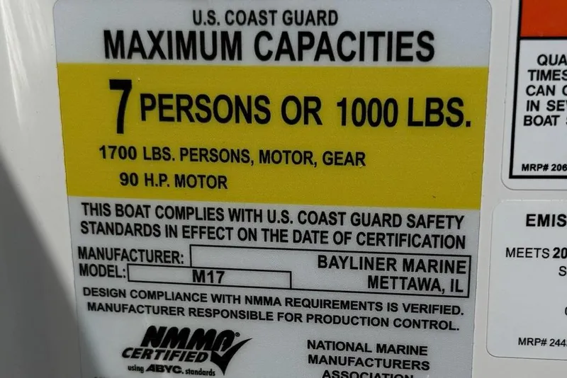 Slide: The Image of Bayliner M17 2026 boat label with capacity and safety information. - 11