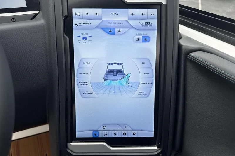 Slide: The Image of 2026 Supra SV touchscreen display showing wake and surf settings. - 15