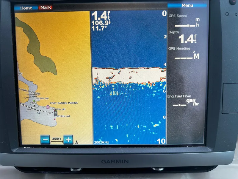 Slide: The Image of Garmin marine GPS display on 2005 Sea Ray 340 Sundancer, showing depth and navigation data. - 14