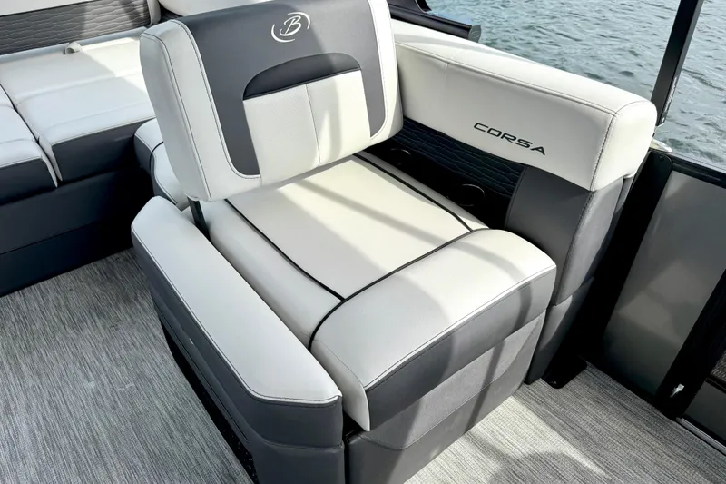 Slide: The Image of 2023 Barletta Corsa 23U boat seat with elegant gray and white upholstery. - 22