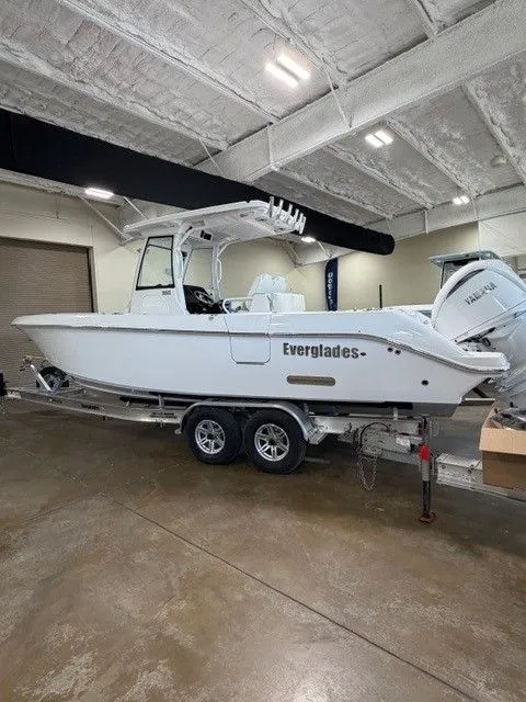The Image of 2026 Everglades 285 Center Console boat in warehouse. - 1