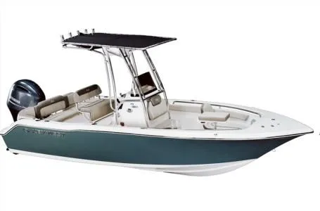 The Image of 2026 Key West 203 FS boat with black canopy and outboard motor. - 1