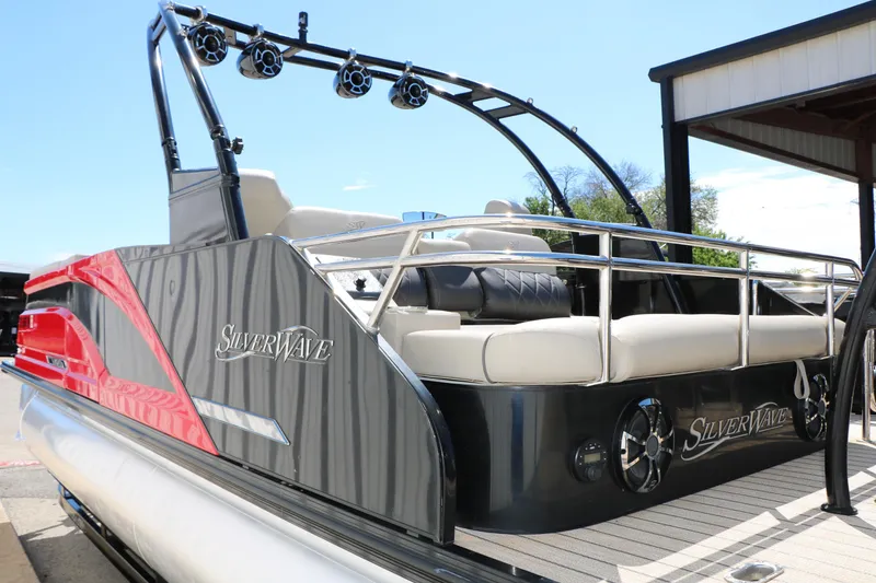 Slide: The Image of 2021 Silver Wave 2410 SW5 JS pontoon boat with sleek design and comfortable seating. - 11