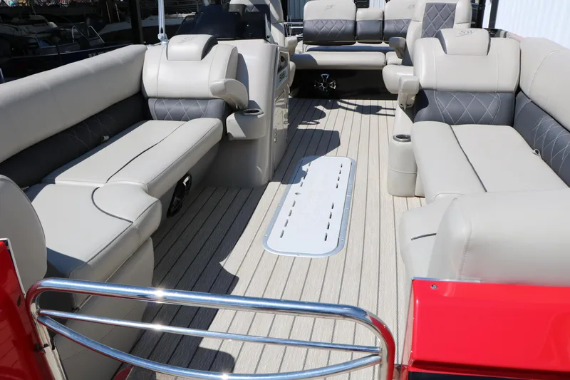 Slide: The Image of Luxurious interior of 2021 Silver Wave 2410 SW5 JS pontoon boat with plush seating. - 20