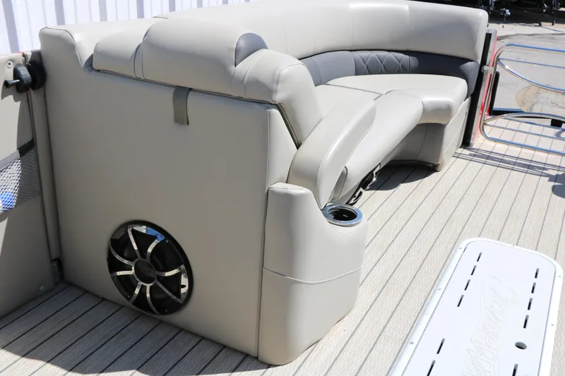 Slide: The Image of Luxurious seating on 2021 Silver Wave 2410 SW5 JS pontoon boat with integrated speaker system. - 30