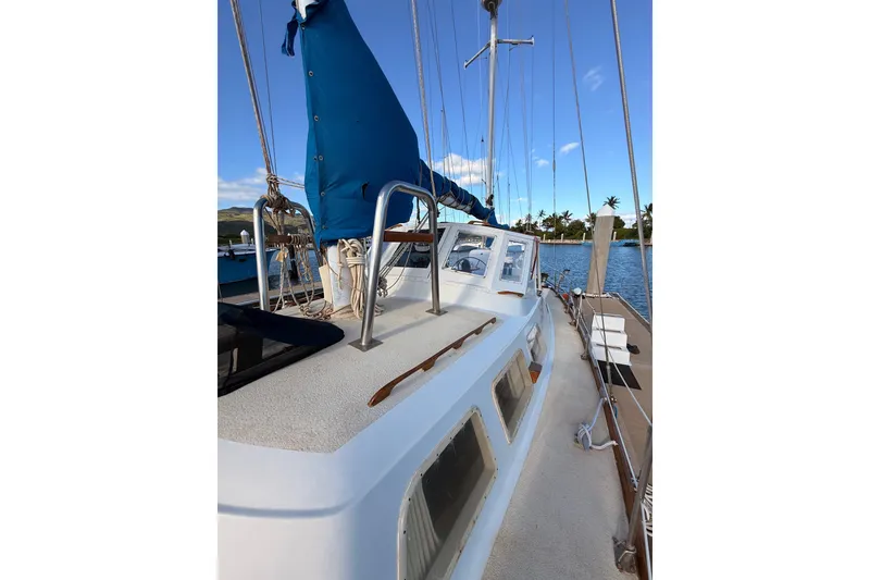Slide: The Image of 1978 Morgan 452 sailboat deck with blue sail cover, docked by palm trees. - 41