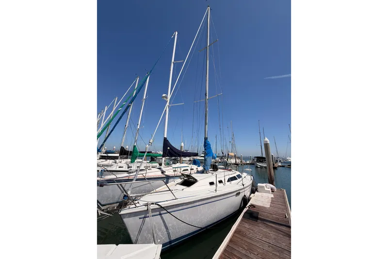 Slide: The Image of Sailboat Catalina 320, 1999 model, docked at marina under clear blue sky. - 3