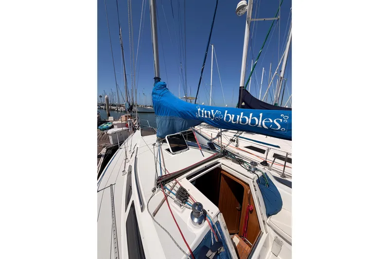 Slide: The Image of 1999 Catalina 320 sailboat docked, featuring "tiny bubbles" sail cover. - 8